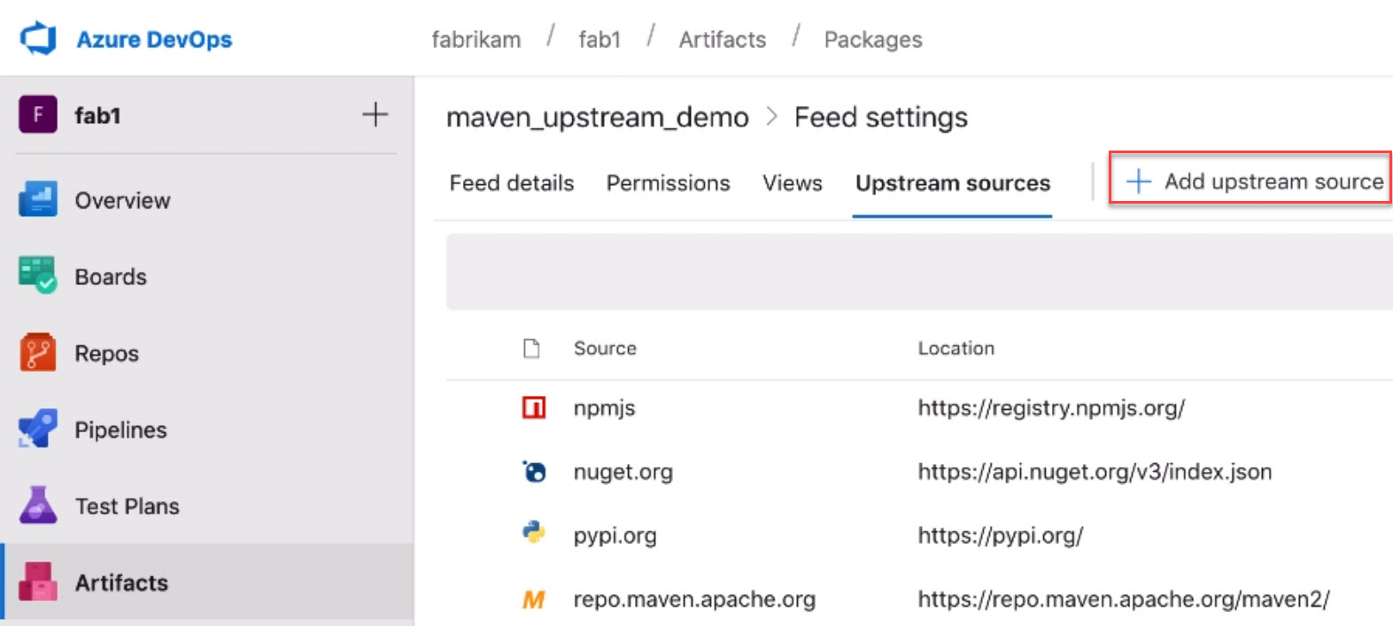 Screenshot showing the Add upstream source option.
