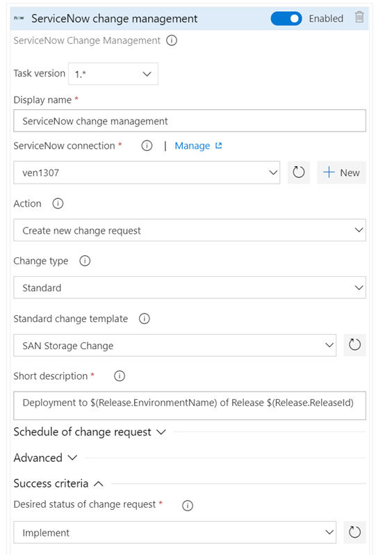 Screenshot showing the ServiceNow change management feature.