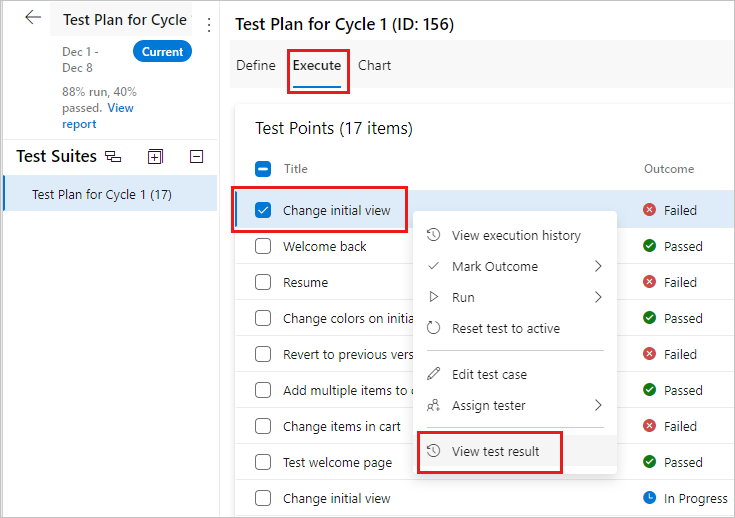 Screenshot shows the context menu for a test case, with the View test result option selected.