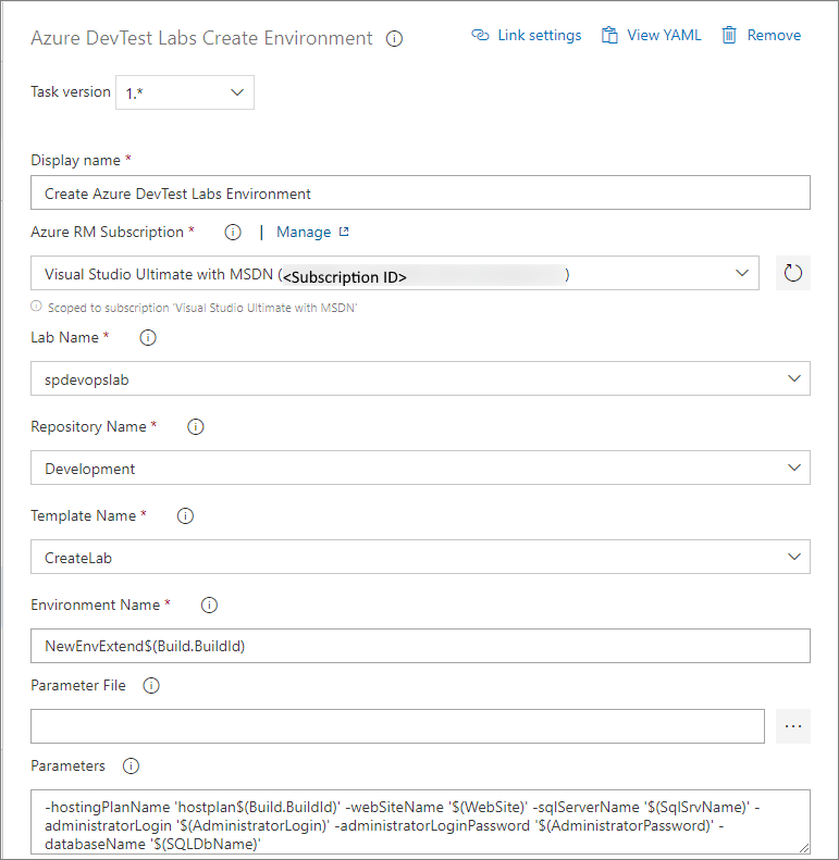 Screenshot that shows the Create Azure DevTest Labs Environment task.