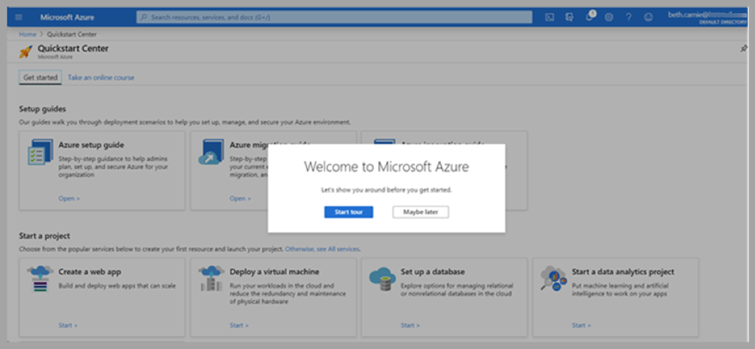 A screenshot of the Azure Dashboard Quickstart Center with a Welcome to Microsoft Azure pop up.