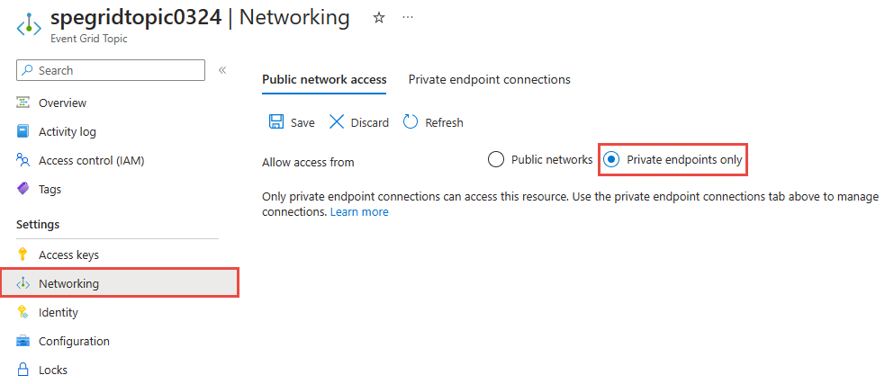 Screenshot that shows the Public network access page with Private endpoints only option selected.