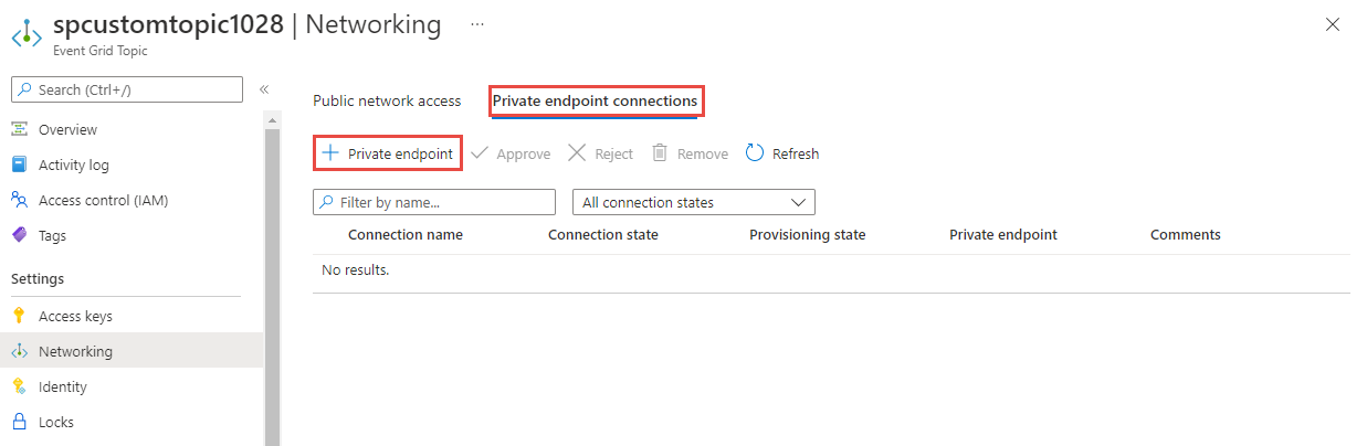 Screenshot showing the selection of + Private endpoint link on the Private endpoint connection tab.