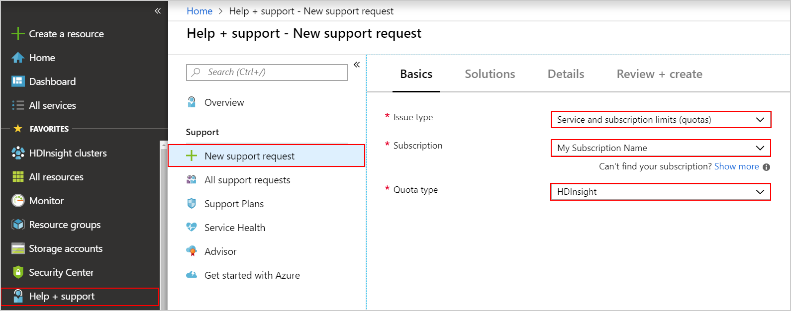 Create a support request to increase HDInsight core quota