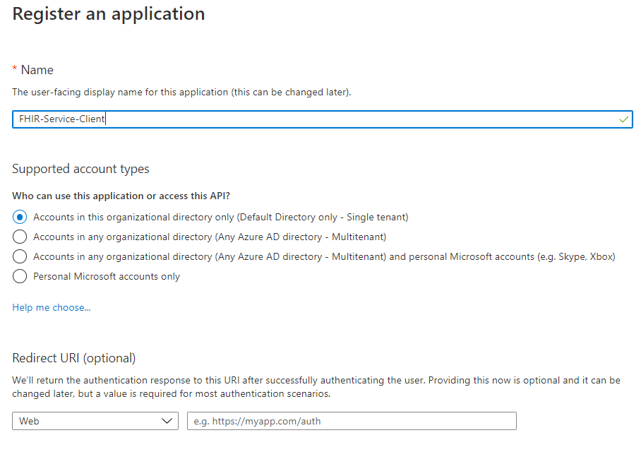 Azure 门户。新服务客户端应用注册。