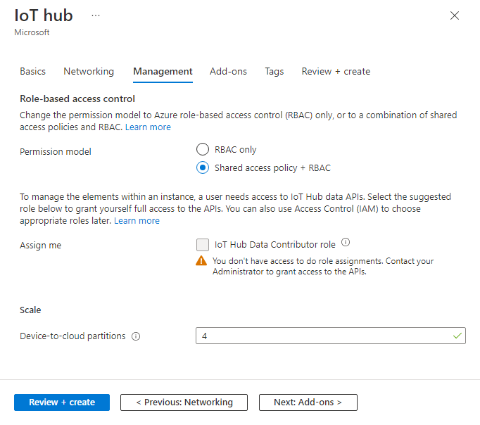 Set the size and scale for a new hub using the Azure portal.