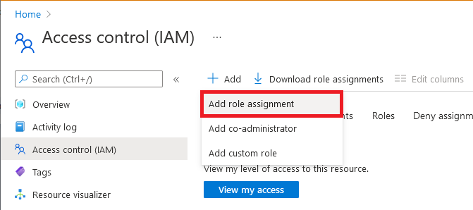 Screenshot that shows Access control (IAM) page with Add role assignment menu open.