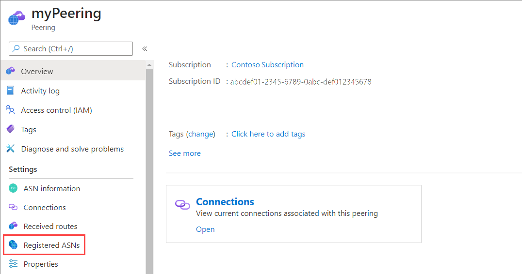 Screenshot shows how to go to Registered ASNs from the Peering Overview page in the Azure portal.