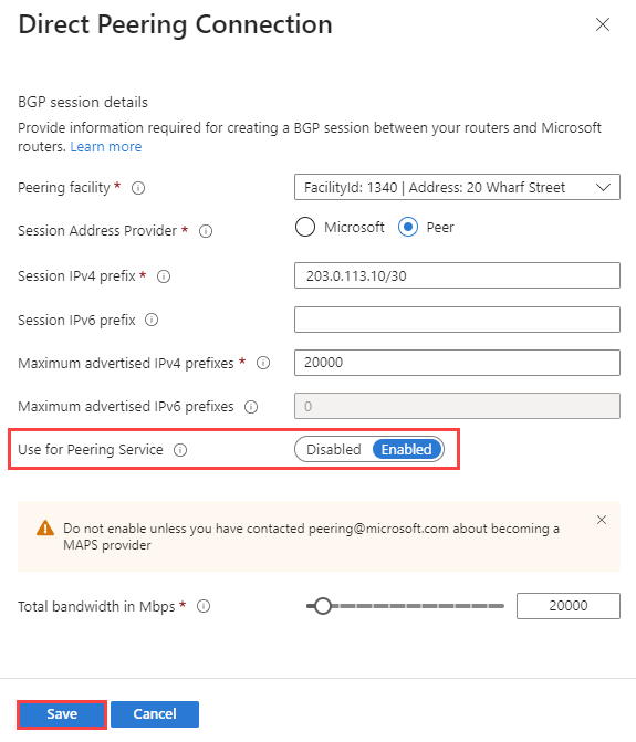 Screenshot shows how to enable Azure Peering Service on a Direct peering connection in the Azure portal.