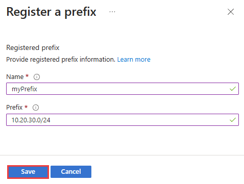 Screenshot shows how to register a prefix in the Azure portal.