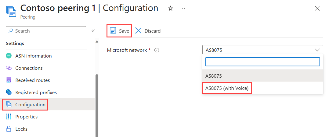 Screenshot shows how to change Microsoft network from the Configuration page of the peering resource in the Azure portal.