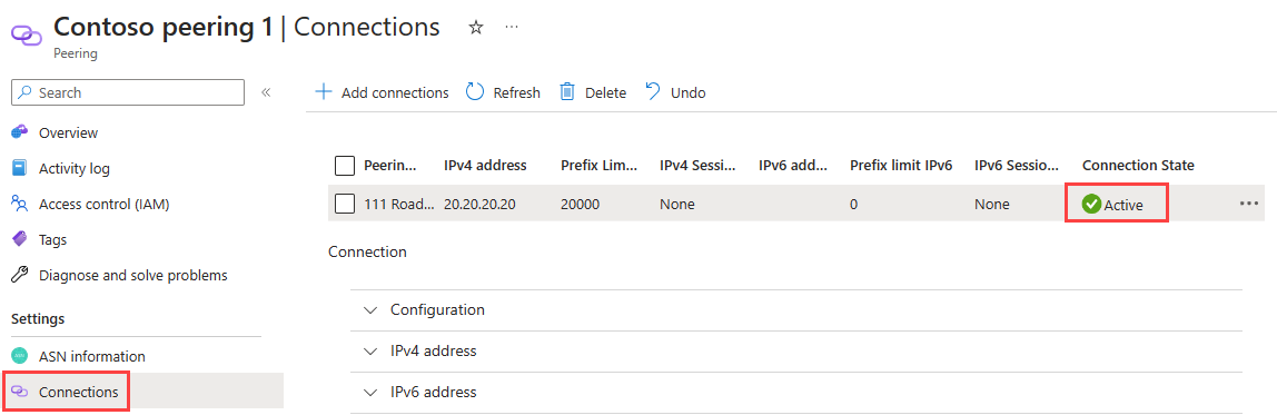 Screenshot shows the connection state of the peering resource in the Azure portal.