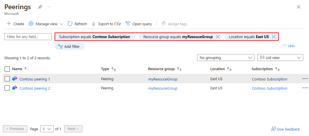 Screenshot shows how to apply filters to find a peering the Azure portal.