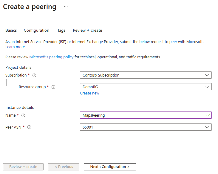 Screenshot of the Basics tab of creating a peering in the Azure portal.