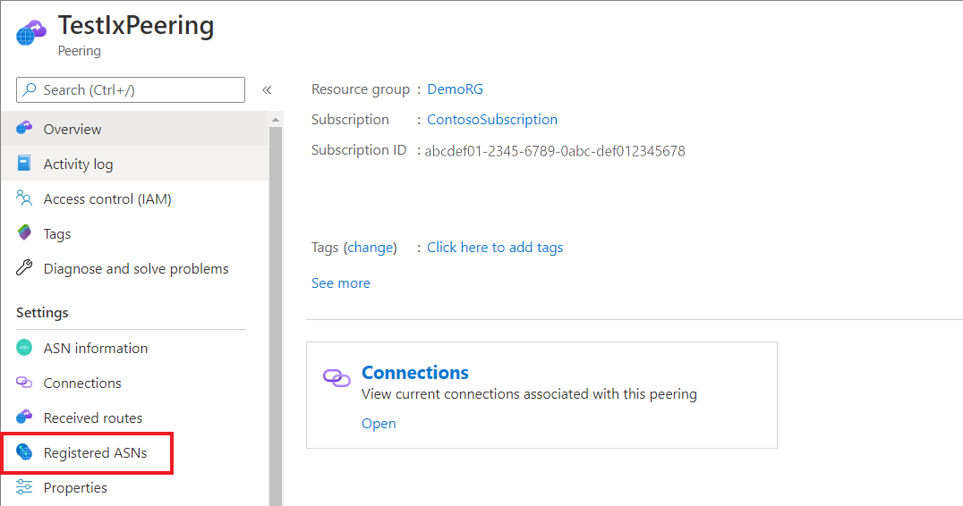 Screenshot shows how to go to Registered ASNs from the Peering Overview page in the Azure portal.