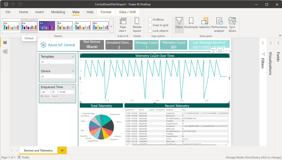 Screenshot of Power BI report that shows data from IoT Central.