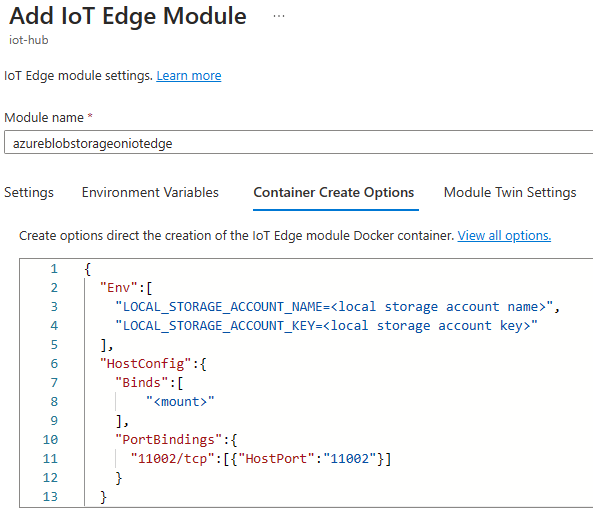 屏幕截图显示了“添加 IoT Edge 模块”页面的“容器创建选项”选项卡。