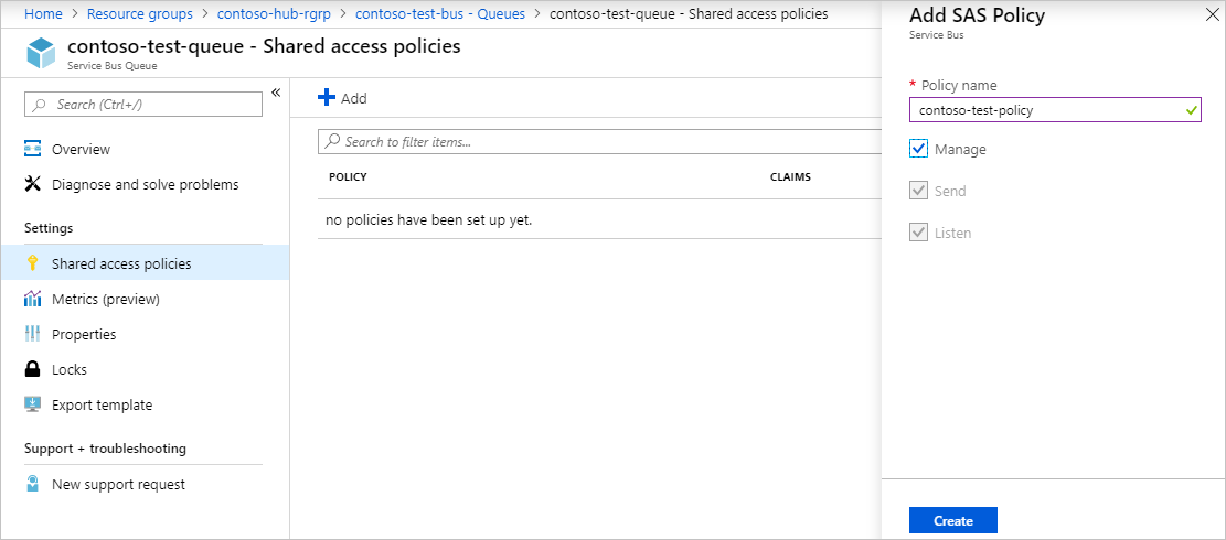 Add a service bus queue policy in the Azure portal