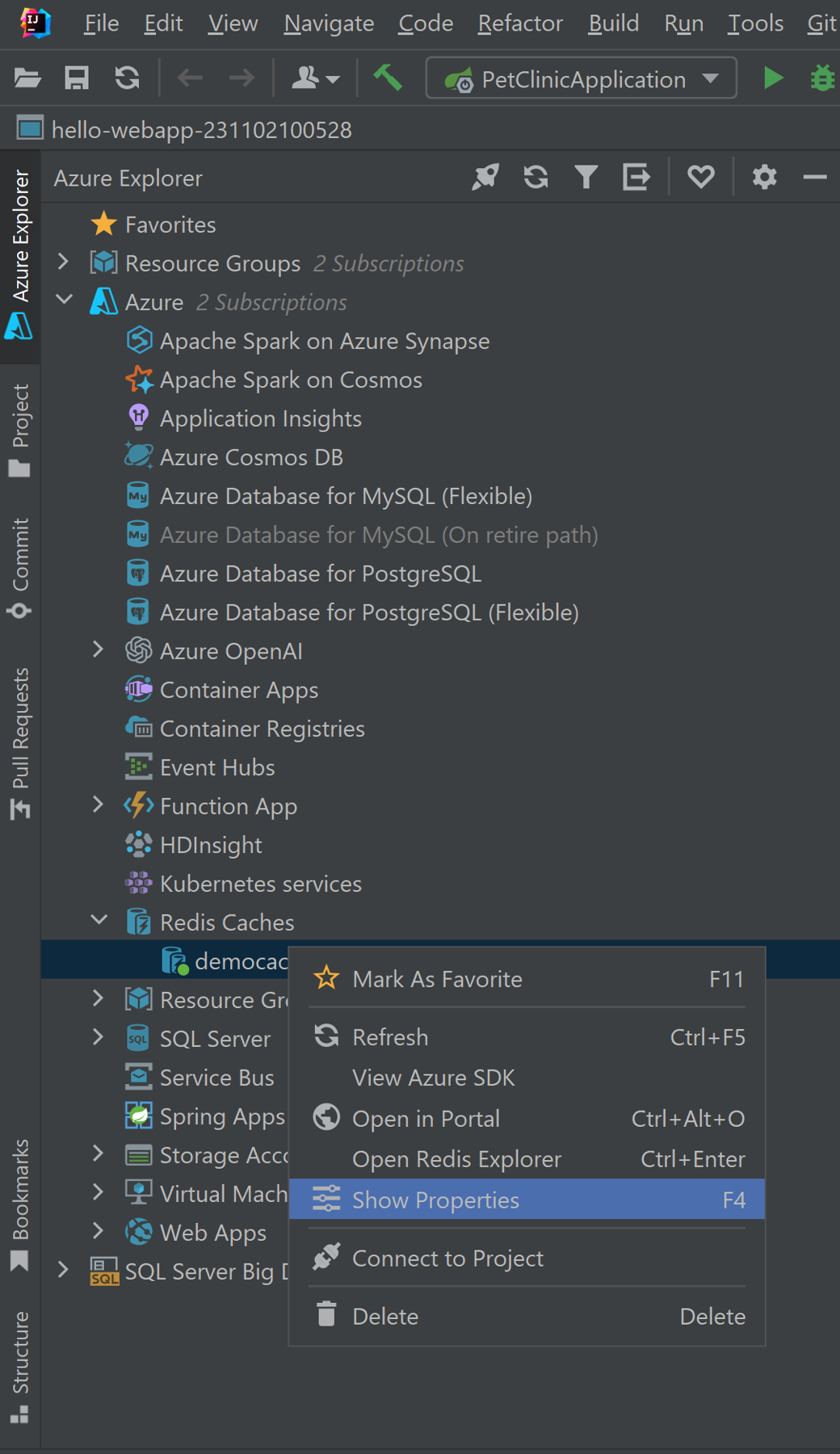 Azure Explorer context menu to display properties for a Redis cache