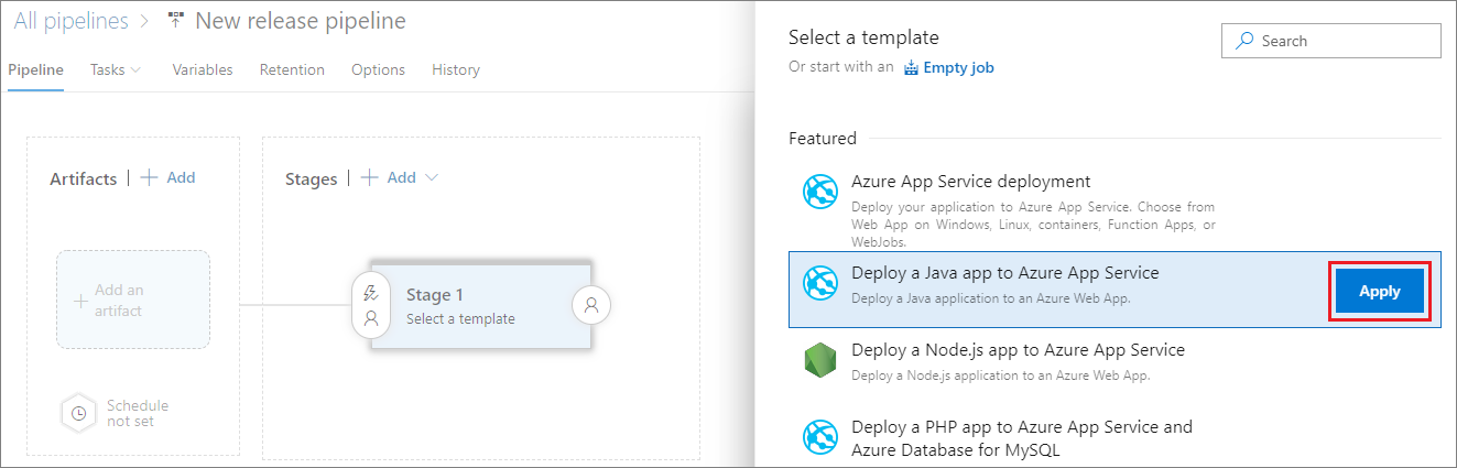Select the Deploy a Java app to Azure App Service template
