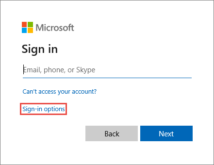 显示 Microsoft 登录窗口的屏幕截图，其中突出显示了“登录选项”链接。