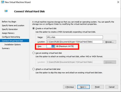 Screenshot of the Connect virtual hard disk screen in Hyper-V Manager, highlighting the option for fixed disk size.