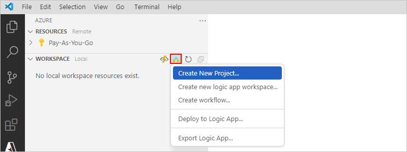 屏幕截图显示 Azure 窗口、“工作区”工具栏和“Azure 逻辑应用”菜单，其中“创建新项目”处于选中状态。