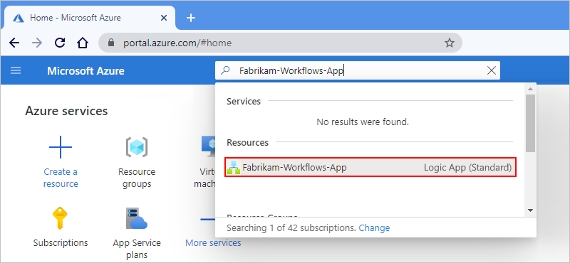 屏幕截图显示了 Azure 门户和搜索栏，后者包含了针对已部署逻辑应用的搜索结果（显示为选中状态）。