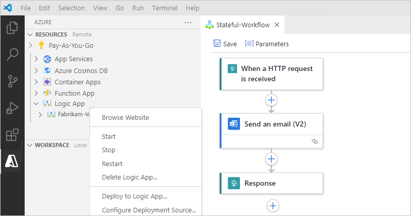 屏幕截图显示了 Visual Studio Code，其中包含“资源”部分和部署的逻辑应用资源。