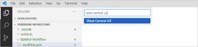 屏幕截图显示了“资源管理器”窗格，其中显示了位置列表，并且“美国中西部”处于选中状态。