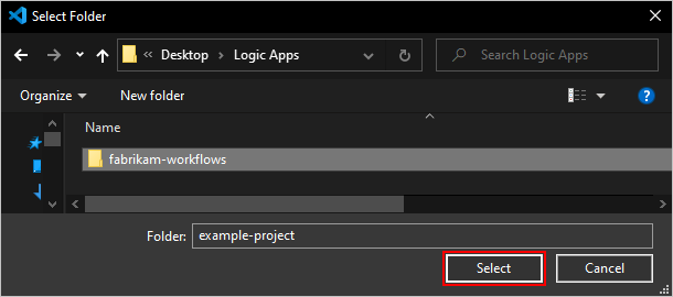 屏幕截图显示了“选择文件夹”框和选择了“选择”按钮的新项目文件夹。