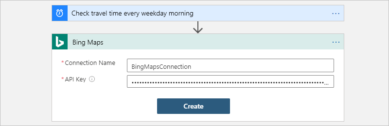 屏幕截图显示了必应地图连接框，其中具有指定的连接名称和必应地图 API 密钥。