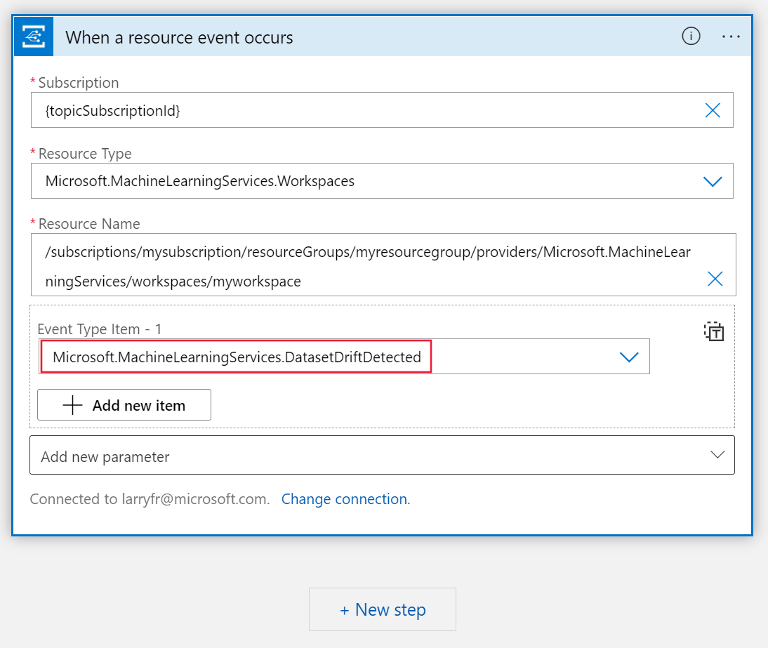 Screenshot shows the When a resource event occurs with an Event Type Item selected.