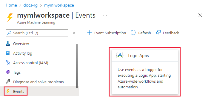 Screenshot shows a Machine Learning workspace Events page with Logic Apps.