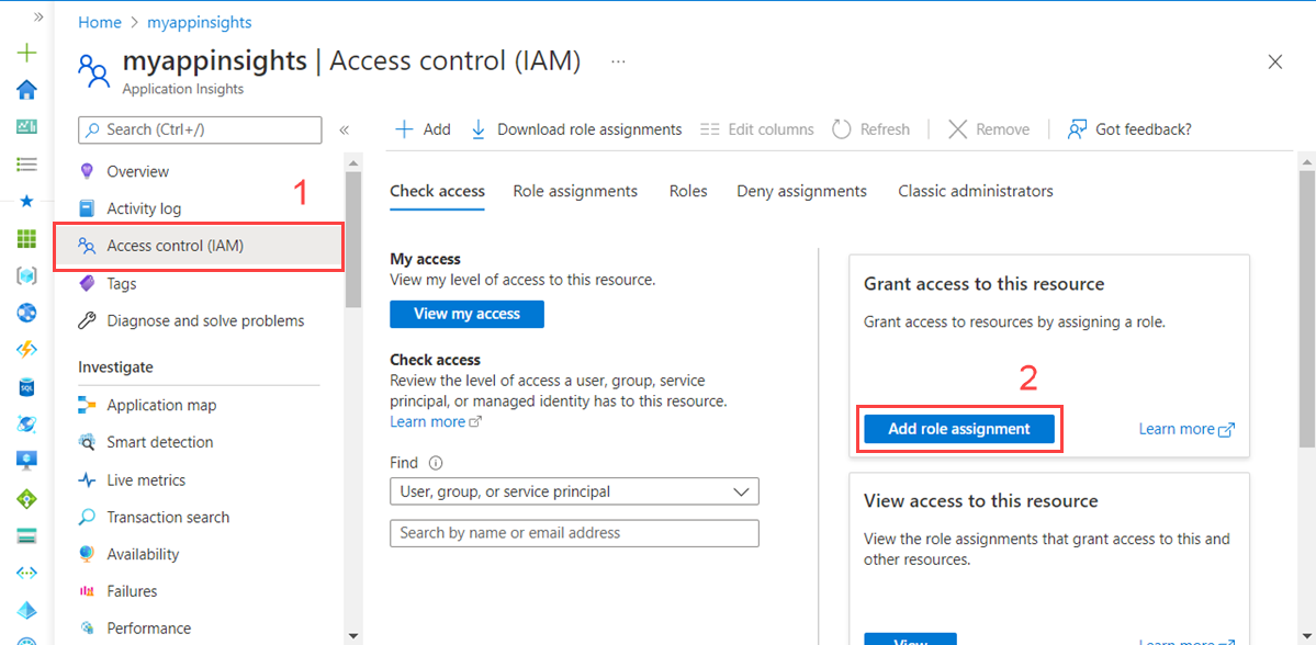 Screenshot of the Azure platform to add role assignment in App Insights.