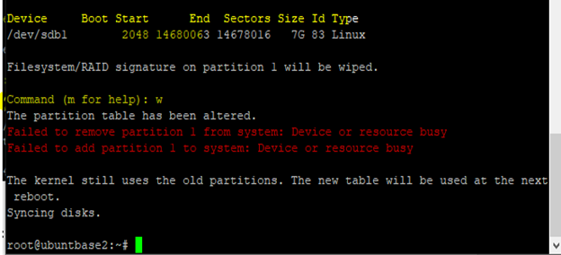 Putty client command-line screenshot showing the commands for creating a partition.