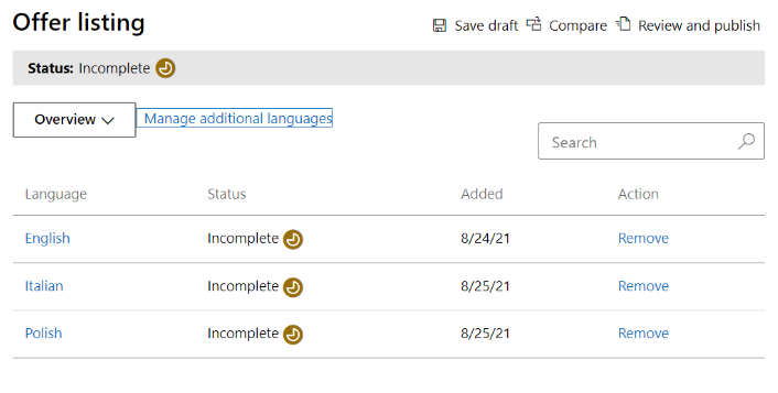 Shows the selection of languages for the offer listing.