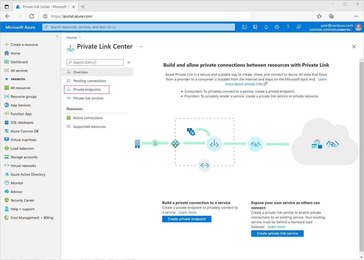 Select private endpoints in Private Link center