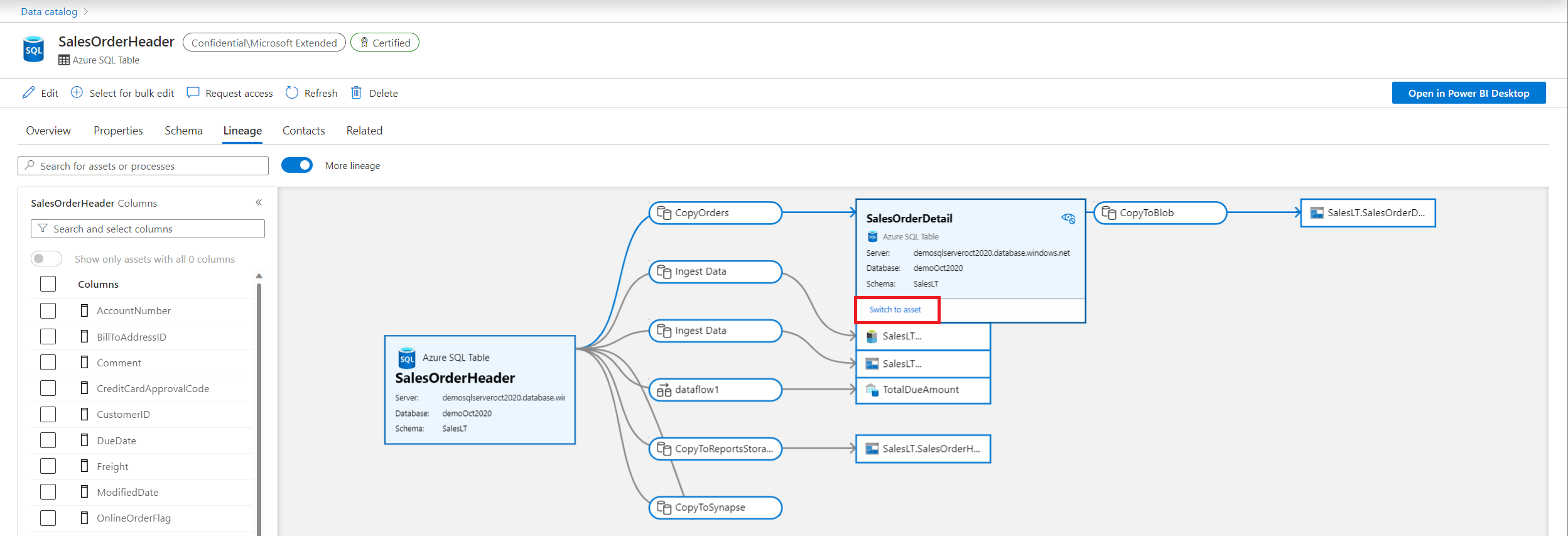 Screenshot how to select Switch to asset in a lineage data asset.
