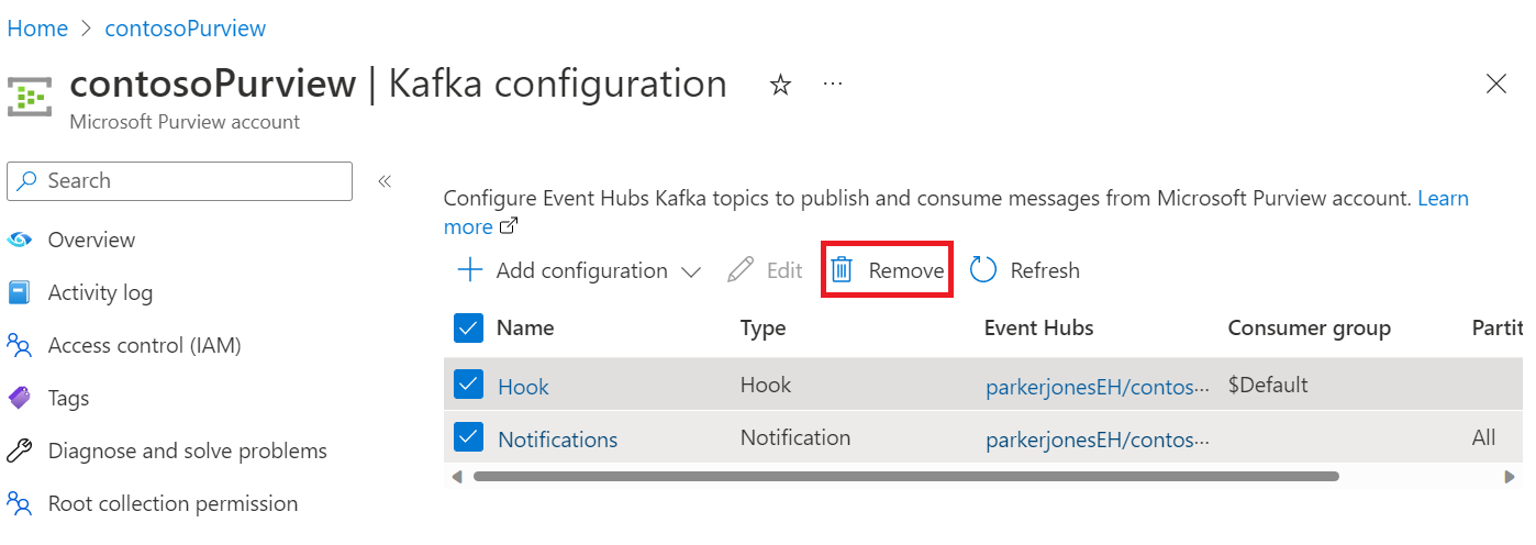显示Azure 门户中 Microsoft Purview 帐户页的 Kafka 配置页的屏幕截图，其中突出显示了“删除”按钮。