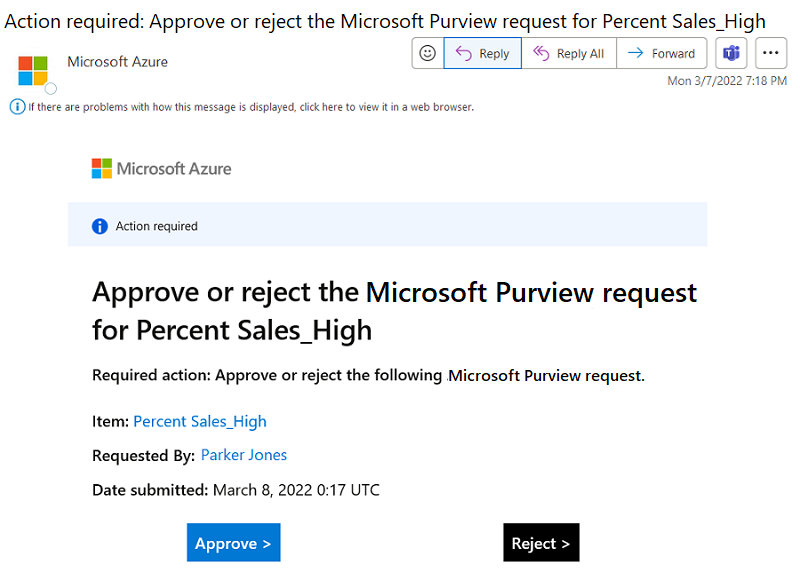 来自 Microsoft Azure 的示例电子邮件，标题为“需要操作：批准或拒绝 Microsoft Purview 请求”。电子邮件中提供了“审批”和“拒绝”按钮。