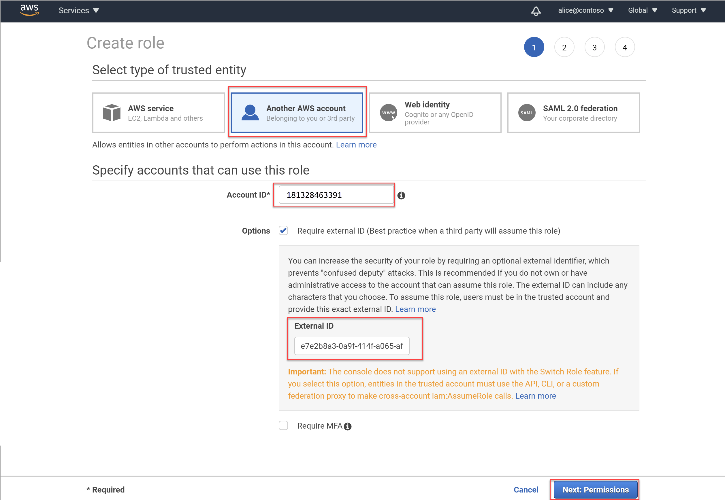将 Microsoft 帐户 ID 添加到 AWS 帐户。