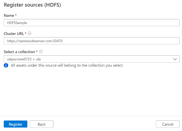 Purview 中 HDFS 源注册的屏幕截图。