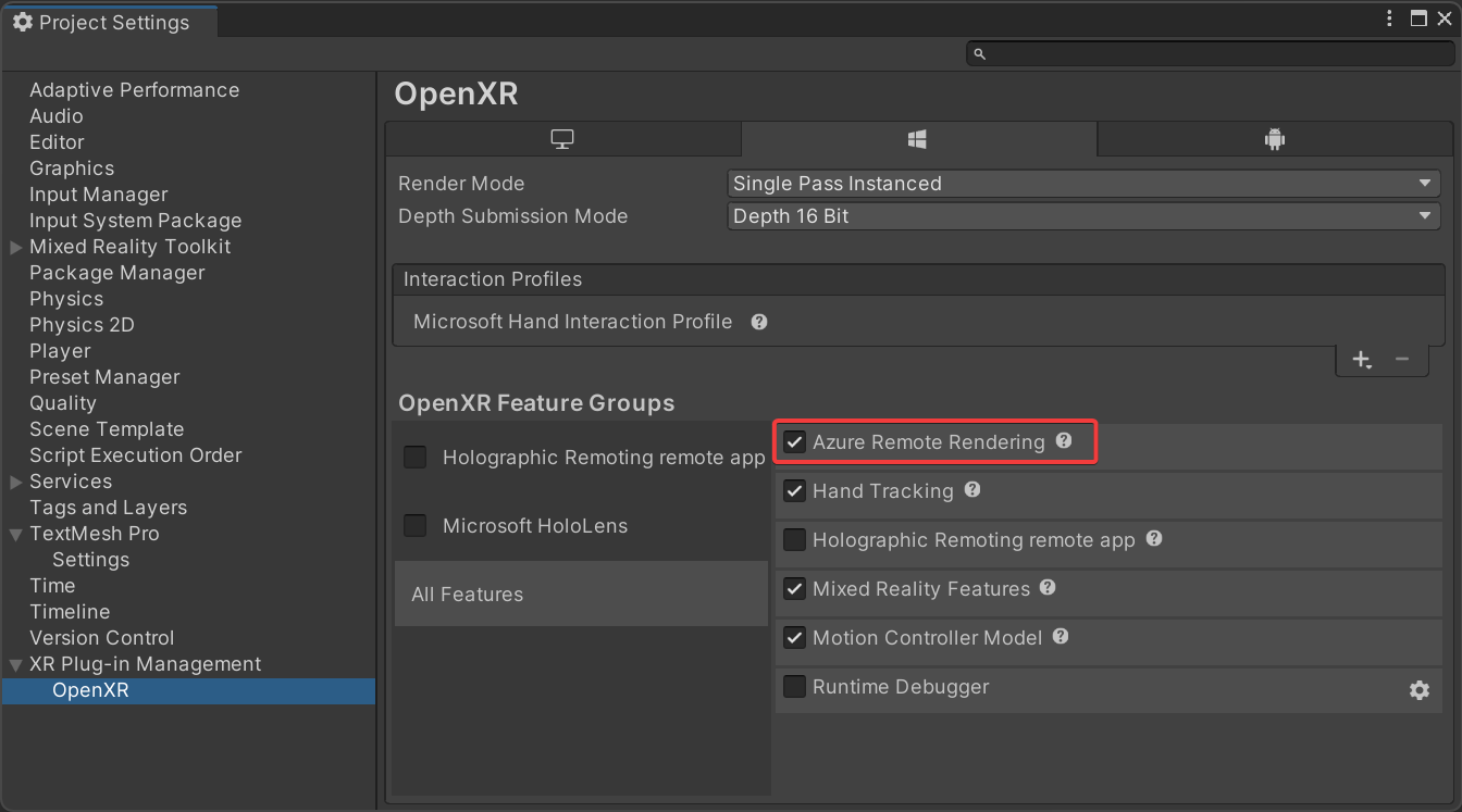 Screenshot of the Unity Project Settings dialog. The Open XR subentry is selected in the list on the left. The Azure Remote Rendering Open XR feature is highlighted with a checked checkbox.