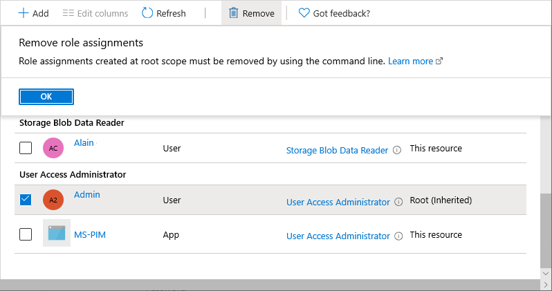 Remove role assignments with root scope