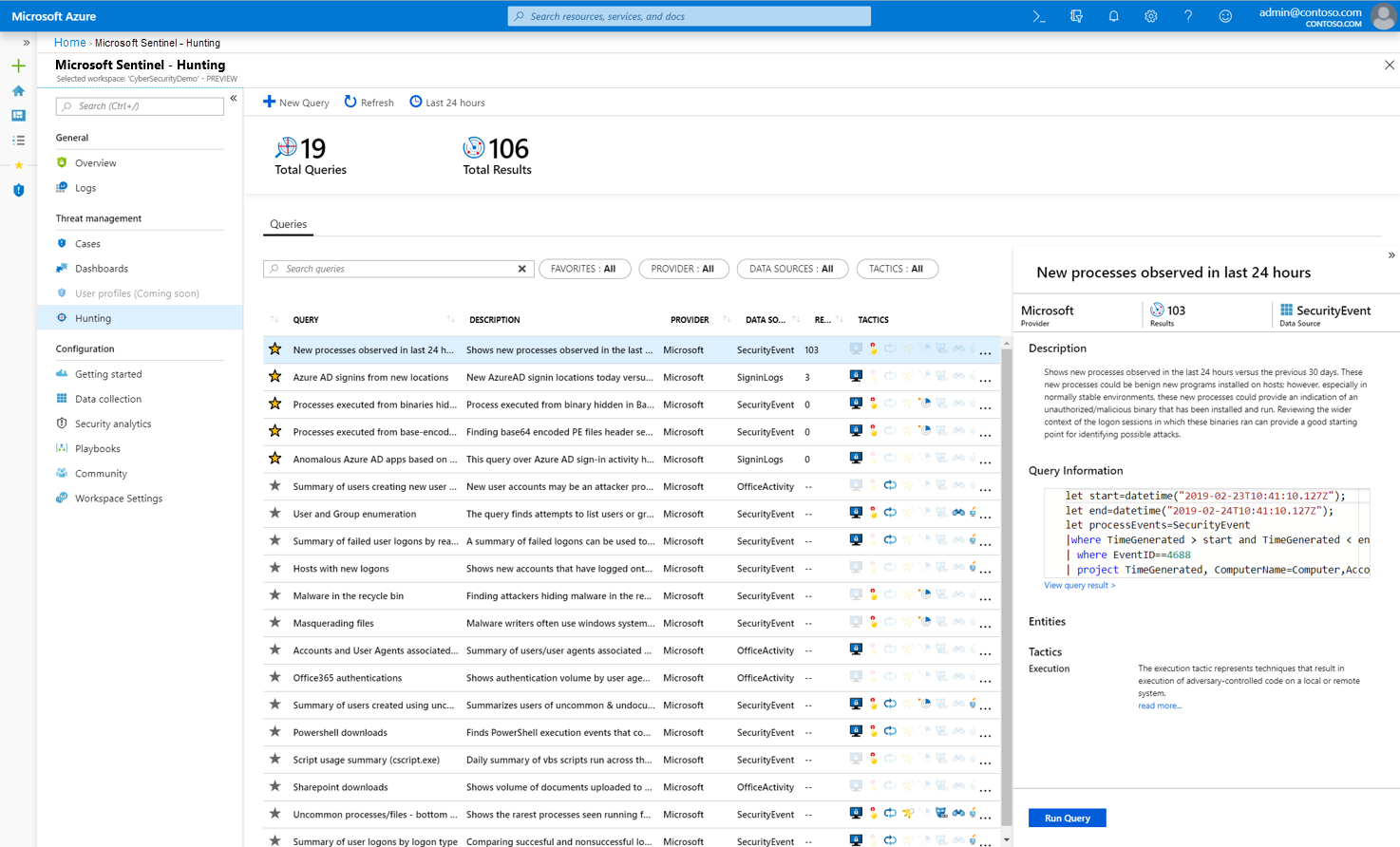 Microsoft Sentinel 中的搜寻页的屏幕截图，其中显示了可用查询的列表。
