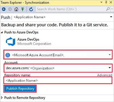 Screenshot of the Push to Azure DevOps window. The settings for Email, Account, Repository name, and the Publish Repository button are highlighted.