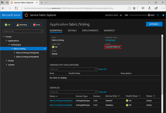 Screenshot of the Voting app in Service Fabric Explorer. In the Essentials tab, the updated app version 