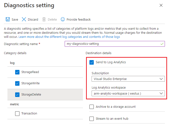 Diagnostic settings page log analytics