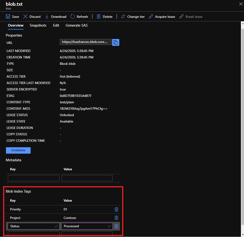 Screenshot of the Azure portal showing how to get, set, update, and delete index tags on blobs.